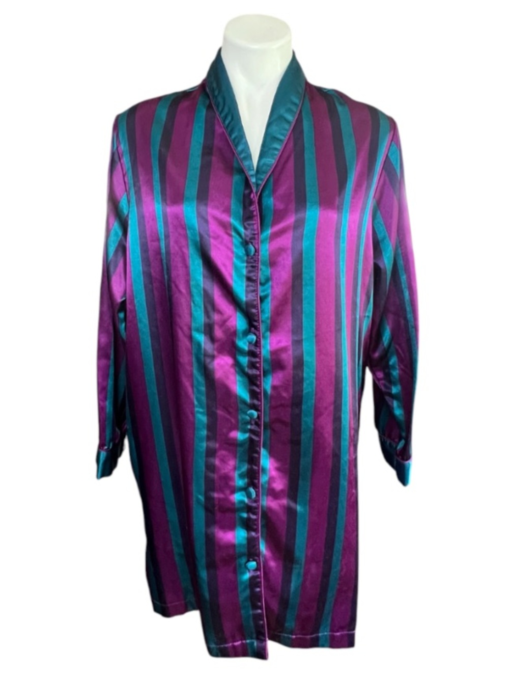 Vintage Blue Moon Satin Stripe Shirt Dress Covered Buttons Purple Teal Y2K M